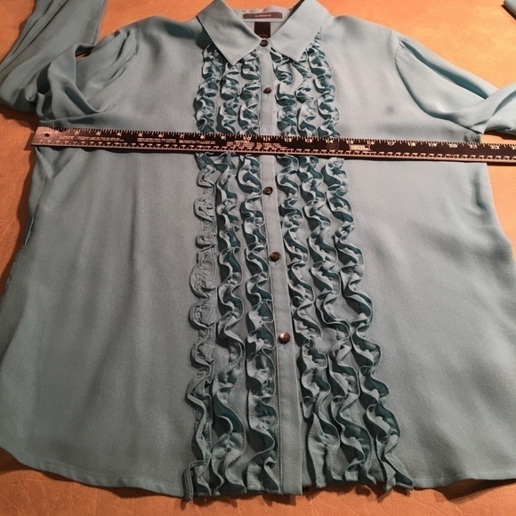 LIZ CLAIBORNE 100% Silk RUFFLE FRONT Blouse, AQUA, NWOT, Size 14 - Picture 4 of 8